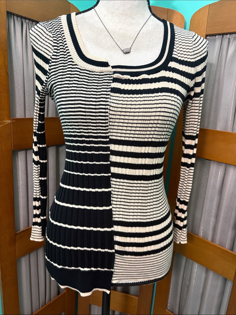 Striped Black & Cream Ribbed Long Sleeve Top